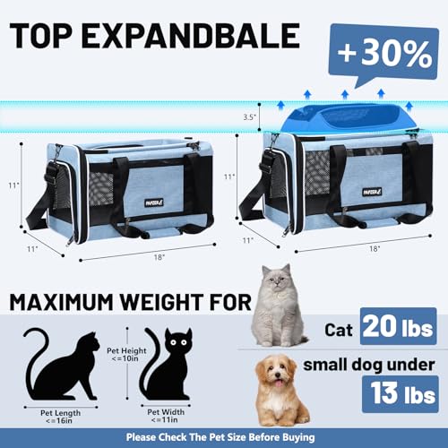 Cat Carrier Top-Expandable 18x11x11, United Delta American Airline Approved | Soft Samll Dog Pet Carry-On Bag Underseat in Cabin, Puppy Air Travel Crate 10 Pounds, Kitten TSA Plane Carrying Case Blue - color: Blue