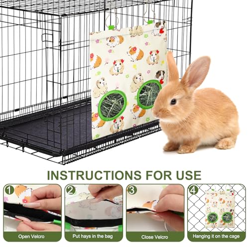 JarThenaAMCS 2 Pcs Guinea Pig Hay Feeder Bag with 2 Holes Hanging Hay Feeding Bag Beige Flower Floral Storage Dispenser for Chinchilla Hamster Bunny Small Animal Pet, 11.5 x 9 Inch