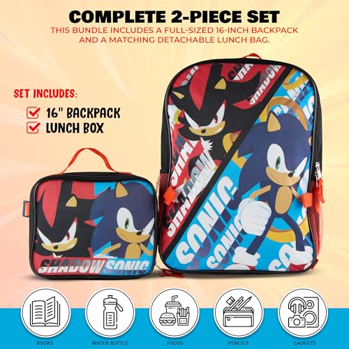 AI ACCESSORY INNOVATIONS Sonic The Hedgehog & Shadow 2 Piece Backpack Set, Boys & Girls 16" School Bag, Black - color: Sonic and Shadow