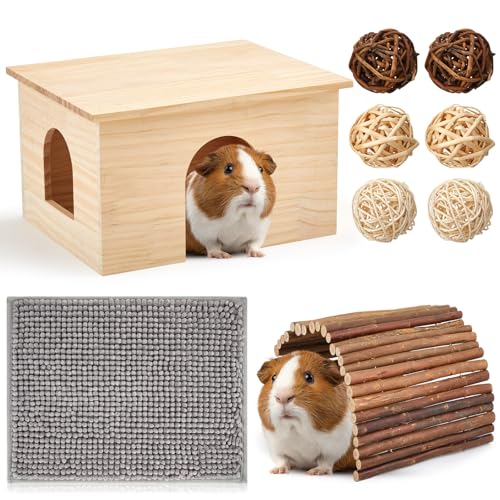 9 Pcs Wood House Guinea Pigs Hut Hideout with Rolling Chew Toys for Small Animals Accessories, Toys, and Supplies Guinea Pig Liner Washable Cage Liner Guineapig Habitat Cage Accessories