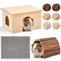 9 Pcs Wood House Guinea Pigs Hut Hideout with Rolling Chew Toys for Small Animals Accessories, Toys, and Supplies Guinea Pig Liner Washable Cage Liner Guineapig Habitat Cage Accessories