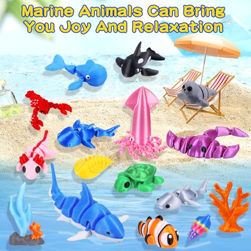 ywevyezc 25 Pcs 3D Printed Ocean Animals Set, Flexible Articulated Mini Sea Animal Figurines Fidget Toy Desk Pets, Ideal for Party Favors Birthday Gifts Office Desktop Home Decor - style: 25Pcs-3D Ocean Animals
