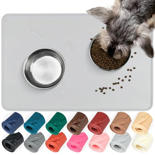 VIVAGLORY Pet Food Mat Flexmat Dog Bowl Mat, L, Light Grey | Non Slip Silicone for Pet Kitten & Doggy, Placemat with Lip for Floor - color: Light Grey, size: L (24.0 x 15.7in)