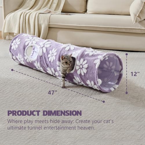 Straight Cat Tunnel for Indoor Cats 47"x12", Purple Flower | Cute Cat Toys, Collapsible Tunnel Tube with Hanging Balls for Puppy Kitten Rabbit - color: Purple Flower, size: Straight
