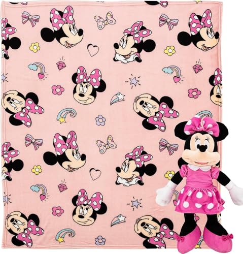 Disney Minnie Mouse Throw Blanket and Character Pillow - Bundle with Blanket, Hugger Character, Stickers, More | Minnie 40x50 Throw for Kids & Teens