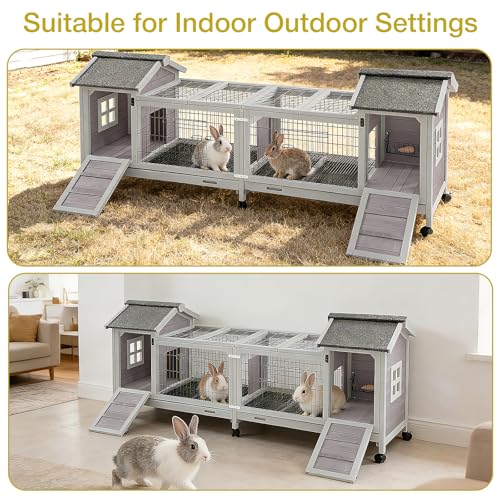 Rabbit Hutch Indoor Outdoor, Large Bunny Cage with Double House and Run, 10.4 ft² Guinea Pig House, Upgrade Deeper No-Leak Trays, On Wheels for Easy Moving - color: （Grey-AIR68)
