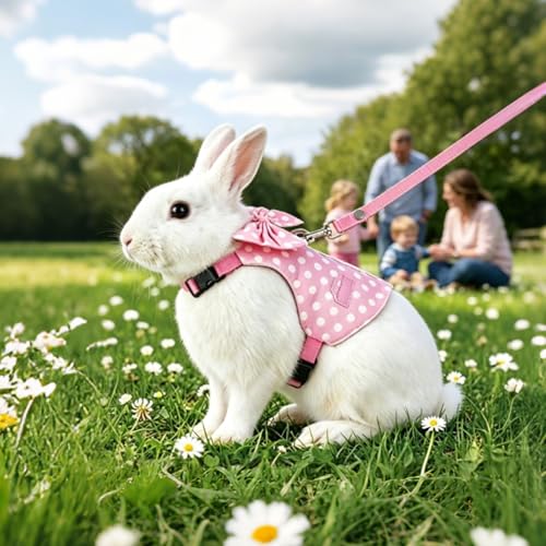 Rabbit Harness and Leash Set Escape Proof Plaid Bunny Vest with Bow Tie Breathable Mesh Harness Dual D Rings Adjustable Leash for Rabbit Guinea Pig Ferret Walking Training (Pink, M) - color: Pink, size: M