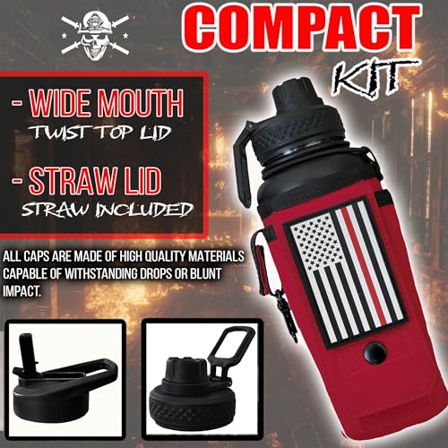Iron Infidel Battle Bottle - 32 Oz Insulated Water Bottle with Straw Lid & Chug Cap, Stainless Steel Metal Flask Includes Rugged, Removable Sleeve for Keys, Wallet, & Phone (Thin Red Line 1 Liter) - color: 32oz - Red Line, size: 32 Ounces