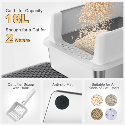 FURTIME Stainless Steel Cat Litter Box, Small Cats Metal Litter Box | High-Sided Open-Top Easy-Clean Litter Pan, Non-Stick, Anti-Leakage, Odor-Free, Comes with Scoop & Mat, 17"×13"×8.4" - color: Silver, size: Small