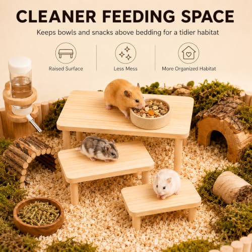 3-Piece Wooden Hamster Platforms – Large, Medium & Small Play Stands for Dwarf, Gerbils, Mice, Degus, Squirrels & Other Small Pets – Cage Accessories for Climbing, Chewing, Hiding & Exploring