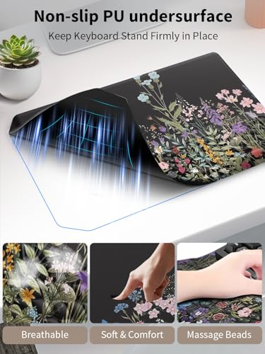 3-in-1 Ergonomic Keyboard Stand with Wrist Rest & Mouse Pad Set, Flower | Comfy Keyboard Riser Holder Soft Mousepad with Massage Design, Memory Foam and Non-Slip PU Base for Pain Relief - color: Black Flower