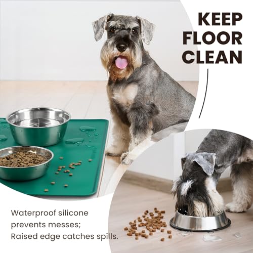 VIVAGLORY Pet Food Mat Flexmat Dog Bowl Mat, L, Deep Green | Non Slip Silicone for Pet Kitten & Doggy, Placemat with Lip for Floor - color: Deep Green, size: L (24.0 x 15.7in)