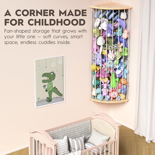 Stuffed Animal Storage Wood Corner Plush Toys Holder with Star Pattern, Length Adjustable Hanging Stuffed Animal Toy Organizer Shelf for Nursery Play Room Bedroom Kid Room