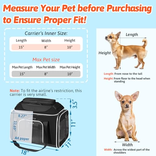 Top-Expandable Small Pet Carrier 18"x11"x11" Airline Approved | for Delta/American/United Airlines, Lockable Safety Zippers and Anti-Scratch Mesh, Soft-Sided, Pets Under 10 Lbs, Black - color: Black, size: 18.0"L x 11.0"W x 11.0"H