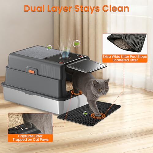 XXXXL Stainless Steel Litter Box with Lid,28.0" L × 20" W × 17" H Extra Large High Sided Cat Litter Box for Multi -Cats,Enclosed Metal Litter Box with Cat Scratcher and Scoop,Dark Gray