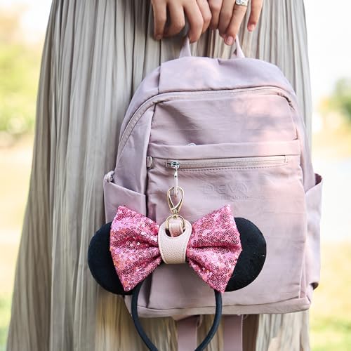 Hat Clip for Travel, Cap Holder Strap for Bags | Faux leather tab, zinc alloy clasp, fits baseball snapback and ponytail caps, mouse ear holder, hands free travel - color: Pink