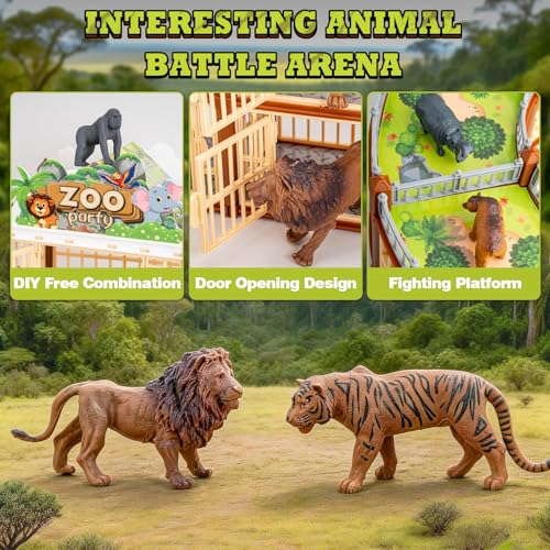 Complete 248PCS Animal Playground Set with 14 Realistic Wild Animals – Build Your Own Animal Park, Interactive Playset with Openable Fences & Battle Station, for Boys Girls Kids Toddlers 3-8 (Brown) - color: Brown
