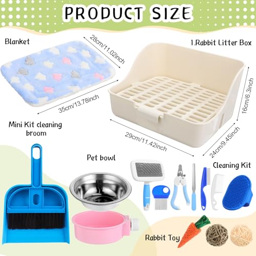 Reallnaive 15 Pcs Rabbit Starter Kit Small Rabbit Litter Box Girls Gift Animal Grooming Kit Bunny Toys Bowl Blankets with Cleaning Set for Guinea Pig Accessories(Multicolor) - color: Multicolor