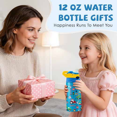 Construction Gifts 12 oz Water Bottle with Straw – Kids Stainless Steel Vacuum Insulated Cup, Leakproof Pop-Up Spout, Reusable Travel Mug for Boys and Girls Outdoor Sports - Under Construction - color: Car1
