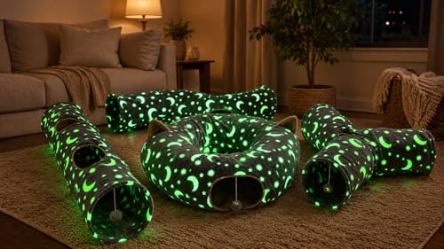 Cat Tunnel Bed Under Christmas Tree with Plush Ball Toy Playground Crinkle Collapsible Self-Luminous Flannel Fabric 3FT for Large Cats Kittens Kitty Small Animals Puppy Grey Moon Star - size: 3FT