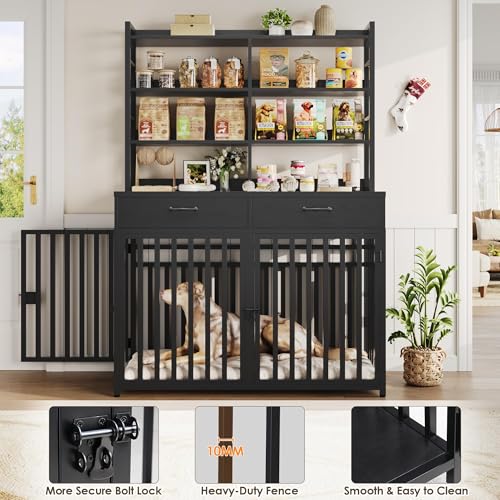 Keyluv 71''H x 47.2''W Large Dog Crate Furniture with 4-Tier Shelves and 2 Storage Drawers, Heavy Duty Dog Cage Furniture with 2 Doors, Wood & Metal Dog Kennel Indoor for Small/Medium/Large Dog, Black - color: Black