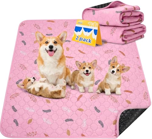 Sunheir 2-Pack Large Reusable Dog Mat for Floor, Dog Playpen, Non-Slip Waterproof Super Absorbent Washable Pee Pads for Dogs, Pet Whelping Pads, Potty Training - Pink, 36" x 72" - color: Leaves - Pink, size: 36x72 Inch (Pack of 2)