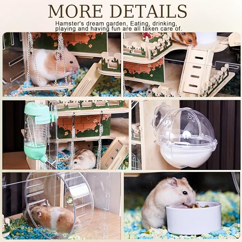 11 in 1 Wooden Hamster Cage with All Accessories, 15.8 Inch 3-Layer Dwarf Hamster Cage Acrylic,Small Animal Cages, Pastoral Style Mouse Cage for Pet Mice, Hedgehog, with Stairs, Fences and Swing - size: 15.8"L x 11.5"W x 11.8"H
