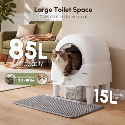 Automatic Litter Box, Self Cleaning Litter Box with APP Control, Large Capacity Cat Robot for Multiple Cats, 5 Safety Sensors, 3-Minute Assembly, with Trash Bags, Litter Mat, Cat Step