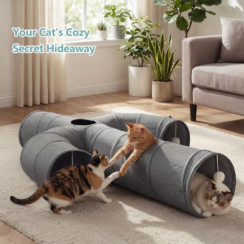 Ownpets Cactus Cat Tunnel 12" with Peek Holes for Indoor Large Cat, Grey | Durable Oxford fabric, noise-free, foldable & connectable, multi-cat friendly, tube for cats up to 20lb, includes ball & wand - size: 12 Inches in Diameter