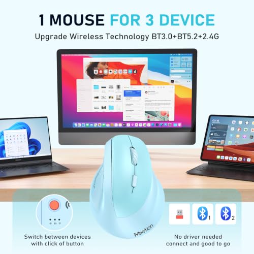 MEETION Ergonomic Wireless Vertical Mouse, Rechargeable, Blue | Bluetooth 5.2 + 3.0 and USB connectivity, RGB backlight, 4 DPI adjustment, compatible with Windows, Mac, Android, PC and iPad - color: Right Blue