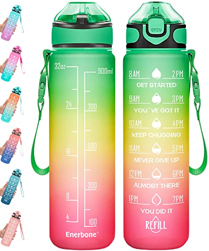 Enerbone 32 oz Drinking Water Bottle with Times to Drink and Straw, Motivational with Carrying Strap, Leakproof BPA & Toxic Free, Ensure You Drink Enough Water for Fitness Gym Outdoor - color: Green Red