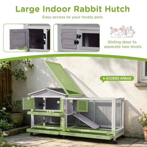 GUTINNEEN Large Rabbit Hutch Indoor with Chew-Proof Ramp, 62" L Wooden Rabbit Cage with 6 Casters, Bunny Cage with 2 Trays and 2 Story for Small to Medium Animals (Grey) - color: Grey