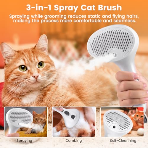 Pet Steam Brush for Dog & Cat, 4 in 1 Self Cleaning Cat Steam Brush for Shedding, Mist Spray Hair Removal Comb for Long Haired Pet Grooming, Effectively Prevents Flying Fur and Reduce Static - color: Off-white