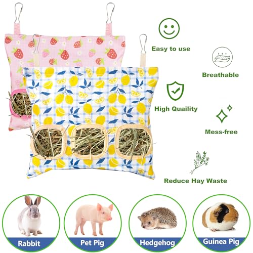Lesnala 2 Pcs Canvas Hanging Bunny Hay Feeder Bags 3 Holes 2 Styles | Rabbit hay feeder Bag, Guinea Pig Hay Bag, Large Capacity Cotton Canvas Fabric, for Chinchillas Hamsters & Other Small Pets - color: Fruit pattern
