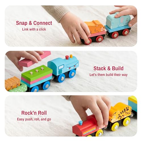 Montessori Animal Wooden Train Toy Set for Kids, 12PCS Magnetic Train Cars with Storage Gift Box, STEM Educational Toy for Boys & Girls, Ages 18Month - 8 Years, Easter Birthday Party Gift