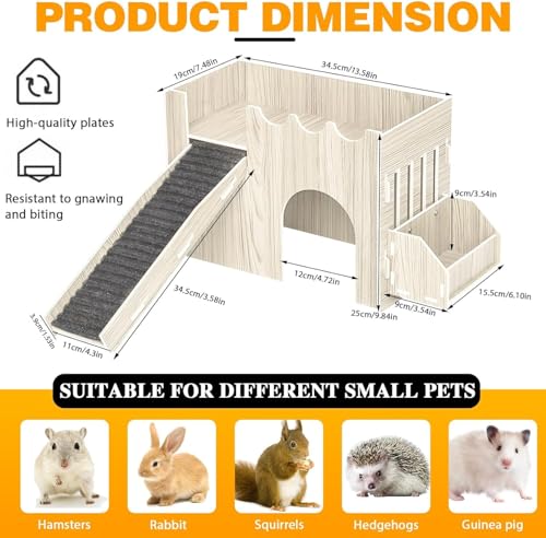 Guinea Pig Hideout House, Wooden Guinea Pig Castle with Feeding Basin, Guinea Pig Toys Accessories for Chinchilla Hamster Hedgehog Bunny