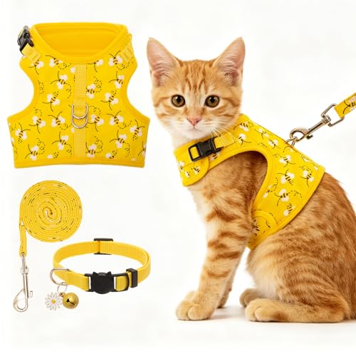 BINGPET Cat Harness and Leash Set, Escape Proof and Adjustable, Large | Step-in Vest, Lightweight Soft Breathable Mesh, Hook & Loop, Easy Control for Medium & Large Cats Walking Travel - color: Bee, size: Large