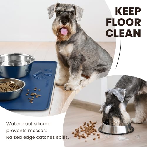 VIVAGLORY Pet Food Mat Flexmat Dog Bowl Mat, S, Navy Blue | Non Slip Silicone for Pet Kitten & Doggy, Placemat with Lip for Floor - color: Navy Blue, size: S (18.9 x 11.8in)