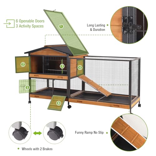 GUTINNEEN 60.8 in Rabbit Hutch with Wheels, 2-Level Wooden Small Animal Cage with 6 Lockable Doors, 3 Compartments & Pull-Out Trays, Indoor Rabbit Enclosure - color: Orange
