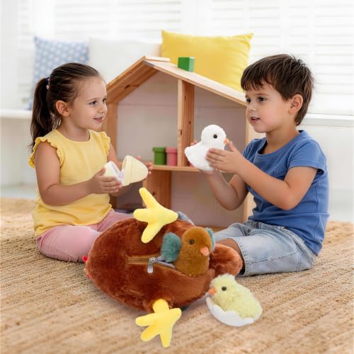 7Pcs Chicken Plush Toy with Babies, 14" Hen Stuffed Animal Set | Mother Chicken Plushie with 3 Chicks, 2 Eggs & 1 Nest; Farm animal Plush; Hide-and-Seek Play; Christmas Easter Gift for Kids - style: Chicken Brown