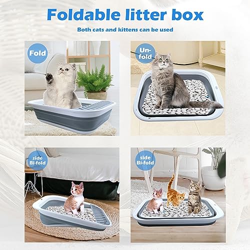 Collapsible Small Cat Litter Box,Open Top Cats Litter Pan with Scoop Waterproof & Foldable Kitten Potty Toilet Anti-Splashing Low Entry Kitty Travel Litter Tray Semi-Enclosed Easy Clean(Gray) - color: 【Gray】