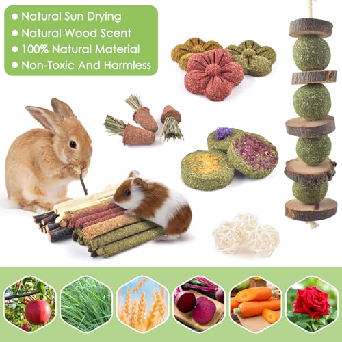ERKOON 42PCS Rabbit Chew Toys, Natural Timothy Grass Cakes Guinea Pig Toys, Small Animal Teeth Grinding Treats for Bunny Hamster Chinchilla, Safe Dental Care Snacks - size: 42