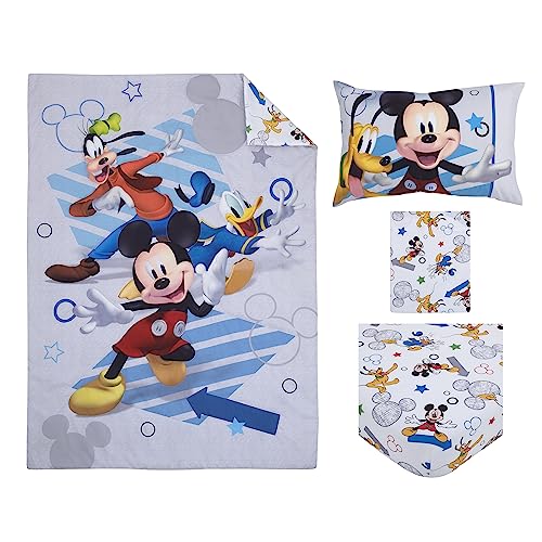 NoJo Disney Mickey Mouse Clubhouse Buddies Multi Colored Goofy, Pluto, and Donald Duck 4 Piece Toddler Bed Set - Comforter, Fitted Bottom Sheet, Flat Top Sheet, and Reversible Pillowcase