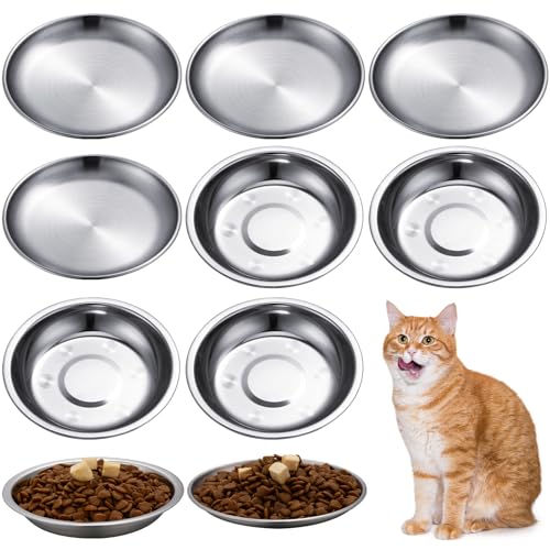 8 Pieces Stainless Steel Cat Bowls 5.5 Inch Wide Flat Cat Dish Small Plate for Kittens Ferrets Wet and Dry Food