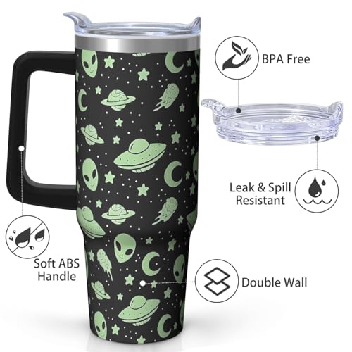 30oz Alien Stainless Steel Tumbler with Handle and Straw, Ufo Lover Insulated Cup Travel Coffee Mug Water Bottle with Lid and Straw, Women Gifts - color: Alien