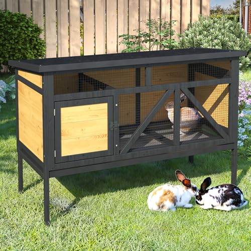 TIMHAKA 46.7" Rabbit Cage Elevated Bunny Cage Indoor, Outdoor Rabbit Hutch Hamster Cages for Small Animals, Wooden Guinea Pig Cages with Removable Tray & Waterproof Asphalt Roof & Bottom Wire Mesh - size: 46.7"L x 22.1"W x 31.5"H