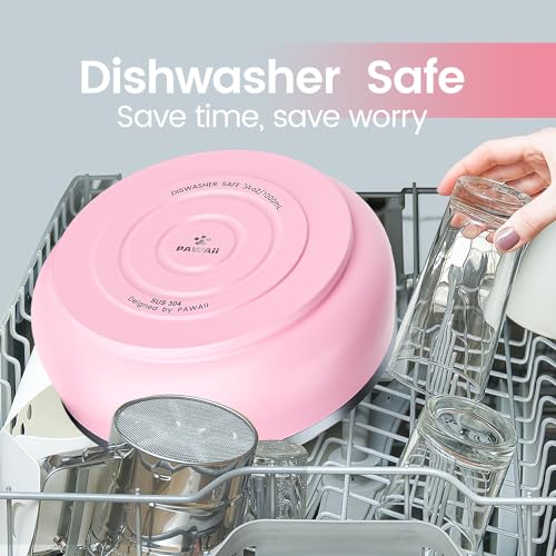 Pawaii Dog Bowl,34 oz Stainless Steel Food and Water Bowl,ID Tag,1 Pack | Double-Wall Design,Non-Slip Rubber Base,Dishwasher Safe,Smooth Open Design, Not a Slow Feeder,Easy-Rinse Interior - color: Sakura Pink, size: 34oz