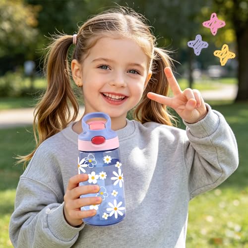 Kids Plastic Water Bottle - Cute Daisy Water Bottles for Kids, 14oz Plastic Water Bottle with Straw Lid, Leakproof BPA-Free Daisy Water Bottles for Home Sports Travel, Pop-Up Straw Cover, Purple - color: Cute Daisy