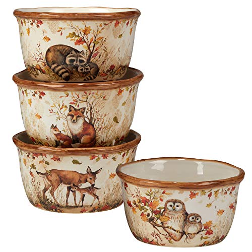 Pine Forest 22 oz. Ceramic Dessert & Ice Cream Bowls, Set of 4 – Fall Woodland Wildlife Serving Bowls for Snacks, Cereal, Soup, Autumn Decor, Entertaining, Thanksgiving or Gifting - size: 5.5 inches (width) x 3 inches (height)