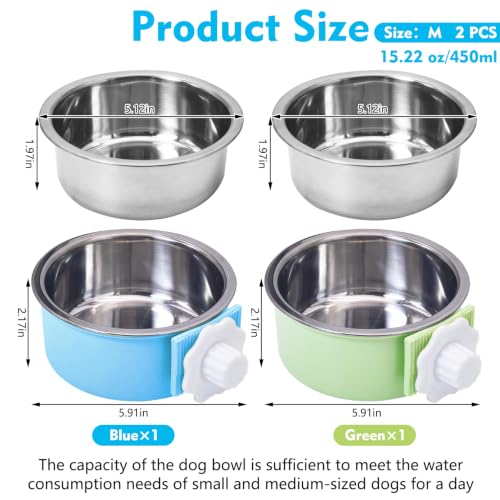kathson Crate Dog Bowl, Removable Stainless Steel Hanging Pet Kennel Cage Bowl Food & Water Feeder Coop Cup for Puppy, Cat, Rabbit, Guinea Pigs Ferret Bird (2 PCS, Size: M, Blue and Green) - color: Size: M (Blue, Green), size: 2 PCS